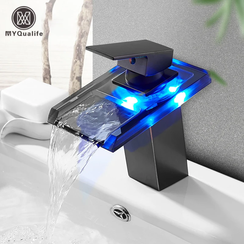 Rubinetto Lavabo A Cascata Con Luce LED Che Cambia Colore, Miscelatore Monocomando, Oro E Bianco - 4