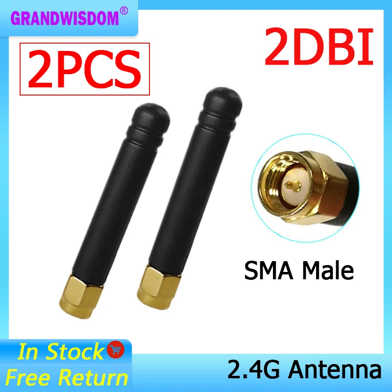 Grandwisdom 2pcs 2.4G antenna 2dbi sma male wlan wifi 2.4ghz antene pbx iot module router signal receiver antena high gain