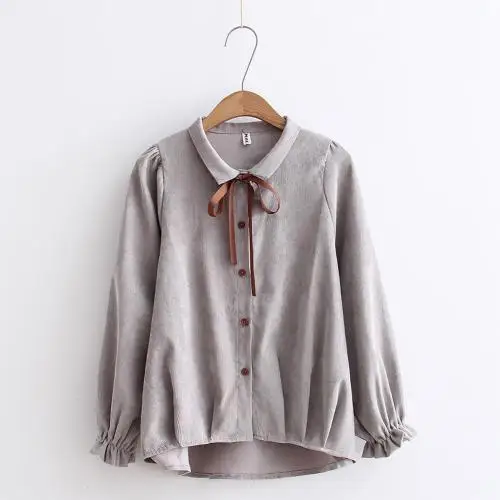 Light Gray Модная стильная Вельветовая Женская Повседневная футболка с отложным воротником и длинным рукавом с бантом - Цвет: Light Gray