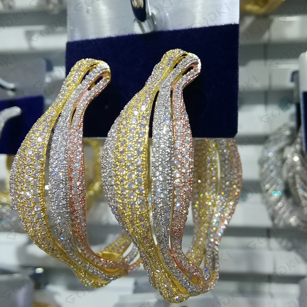 GODKI, Роскошные, полые линии, кубический цирконий, массивные, большие кольца, серьги для женщин, свадебные, Дубай, свадебные, круглые серьги-кольца