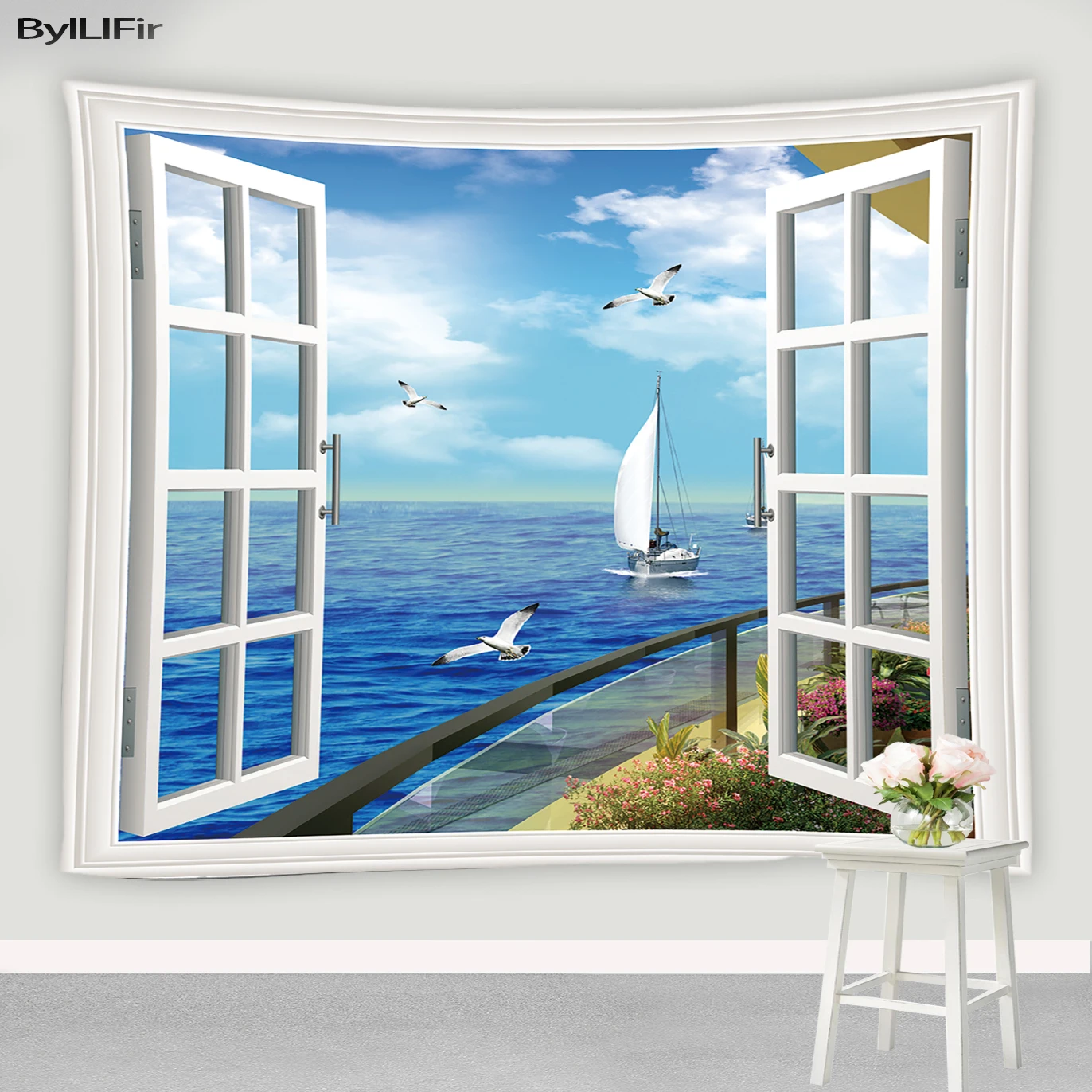 

Window Scenery Blue Sky Sunny Beach Wall Hanging Ocean Green Plants Flower Tapestry Modern Design Living Room Mural Wall Decor