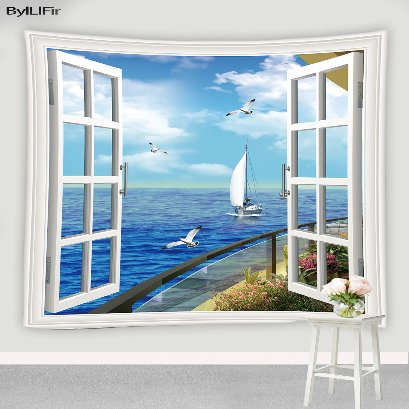 Sunny Beach Window Palm Flowers Tapestry Wall Hanging Living Room Bedroom Decor 
