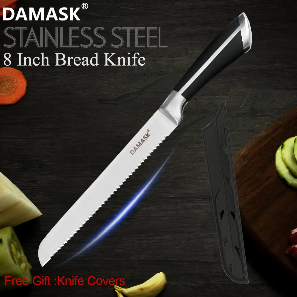 8 inch Bread Knife Damask Brand 3Cr14 Stainless Steel Kitchen Knives Set High Quality Kitchen Knife With POM Handle With Free Gift Knife Covers - Цвет: 8 inch Bread Knife
