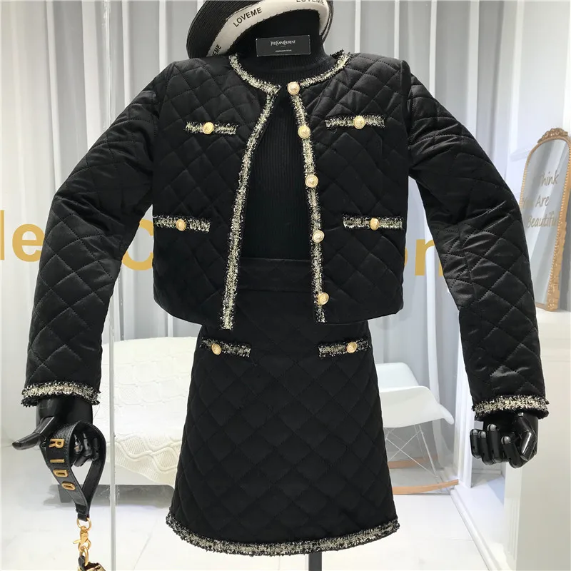 ALPHALMODA, зимняя женская куртка, юбка, 2 шт., модный костюм, в сетку, с подкладкой, короткая верхняя одежда, пальто+ трапециевидная юбка, Модный комплект