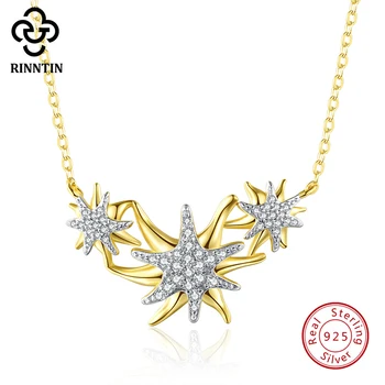 

Rinntin Sterling Silver Women Gold-color Pendants & Necklaces Original Starfish Design AAA Zircon Necklace Jewelry TSN104