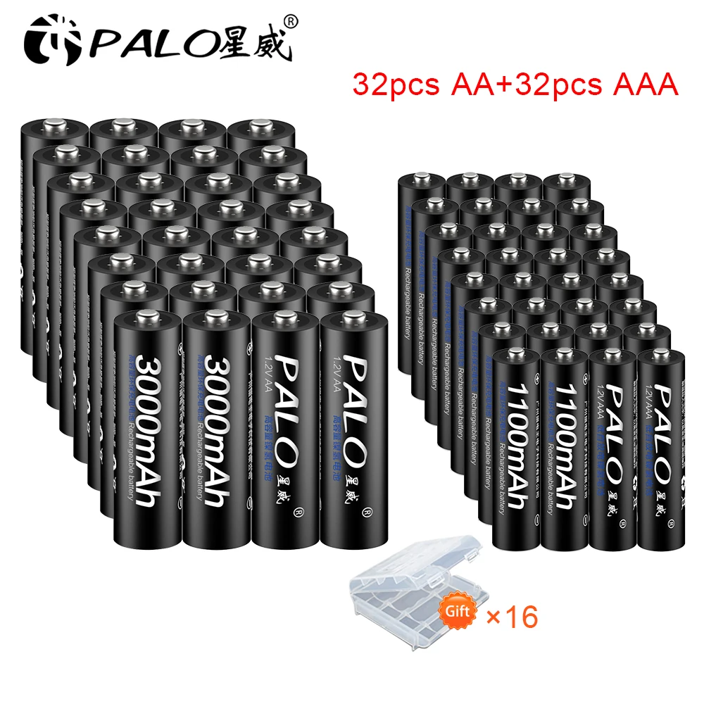 Palo 100% Batteria Ricaricabile Originale 32 Pezzi Aa Batteria Ricaricabile 1.2V Nimh 3000Mah E 32 Pezzi Batteria Ricaricabile Aaa 1.2V Nimh 1100Mah