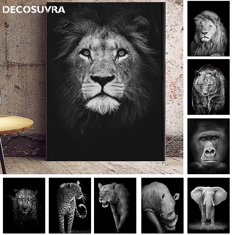 Плакат и принты для детской комнаты животные черный белый Лев слон олень Зебра