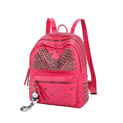 Модный женский рюкзак из мягкой кожи, школьный рюкзак с заклепками в консервативном стиле, женский рюкзак среднего размера, рюкзак для путешествий - Цвет: Ярко-розовый