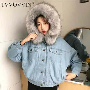 

TVVOVVIN 2019 New Fashion Winter Hooded Fur Collar Short Cotton Jacket Women Loose Casual Denim Abrigos Mujer Invierno X739
