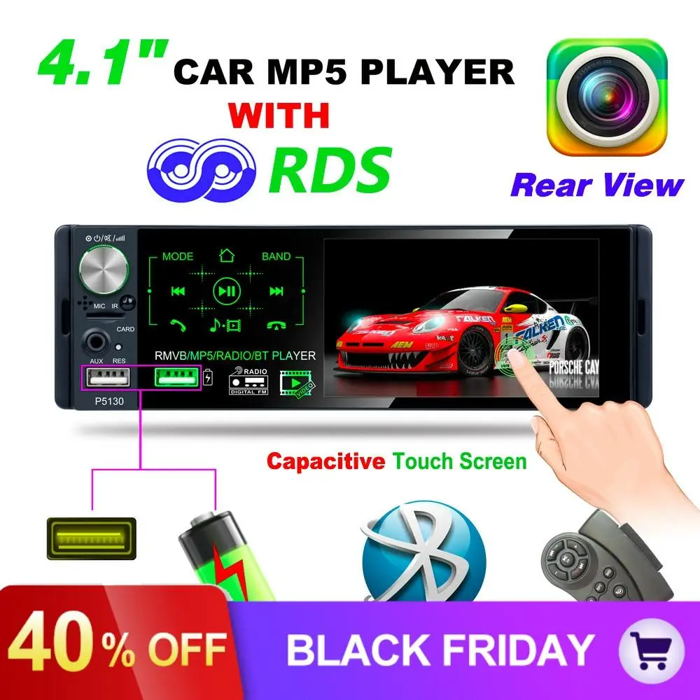P5130 4,1 дюймов 1 Din Bluetooth Сенсорный экран Автомагнитола авто стерео Мультимедиа MP5 плеер Поддержка RDS Micophone камера заднего вида