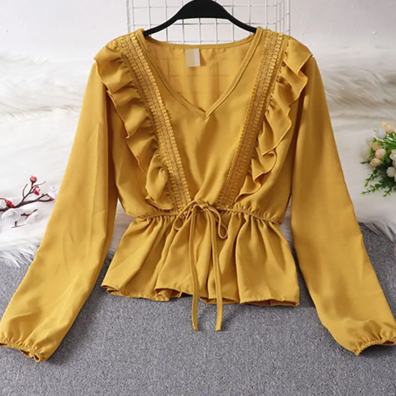 Женские блузки, модная офисная рубашка с длинным рукавом и v-образным вырезом, женская блузка со шнуровкой, повседневные топы, блузы Femininas - Цвет: Цвет: желтый