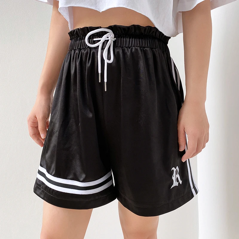 Casual Loose Black Jogger Shorts Women Home Fashion Leisure Outfits Ruffle High Waisted Striped Straight Shorts Summer