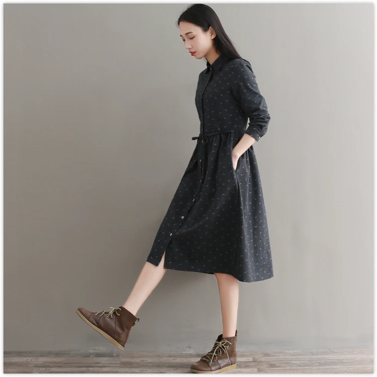 Robe Femme/осенне-зимнее винтажное платье элегантные хлопковые платья с длинными рукавами и отложным воротником для девочек Vestidos AF830