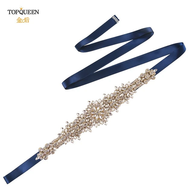 TOPQUEEN S319-G Plus Size Bridal Gowns Belts Golden Belts for Women Rhinestones Belt Girlfriend Luxury Ribbon Belt Wedding Sash Navy Blue ribbon