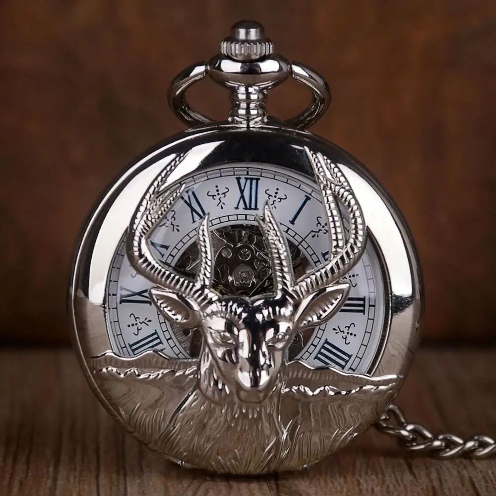 Серебряные полые карманные часы с изображением оленя, Механические карманные часы с римскими цифрами, ручная обмотка, брелок с цепочкой, подарок для мужчин и женщин