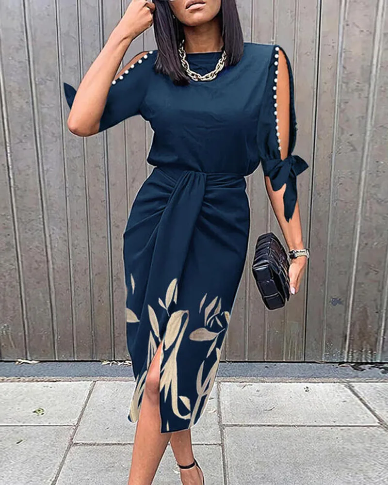 Autumn Women Leaf Print Pearls Decor Knotted Work Dress 2021 Femme Elegant Round Neck Midi Robe Lady Clothing traf Vestidos
