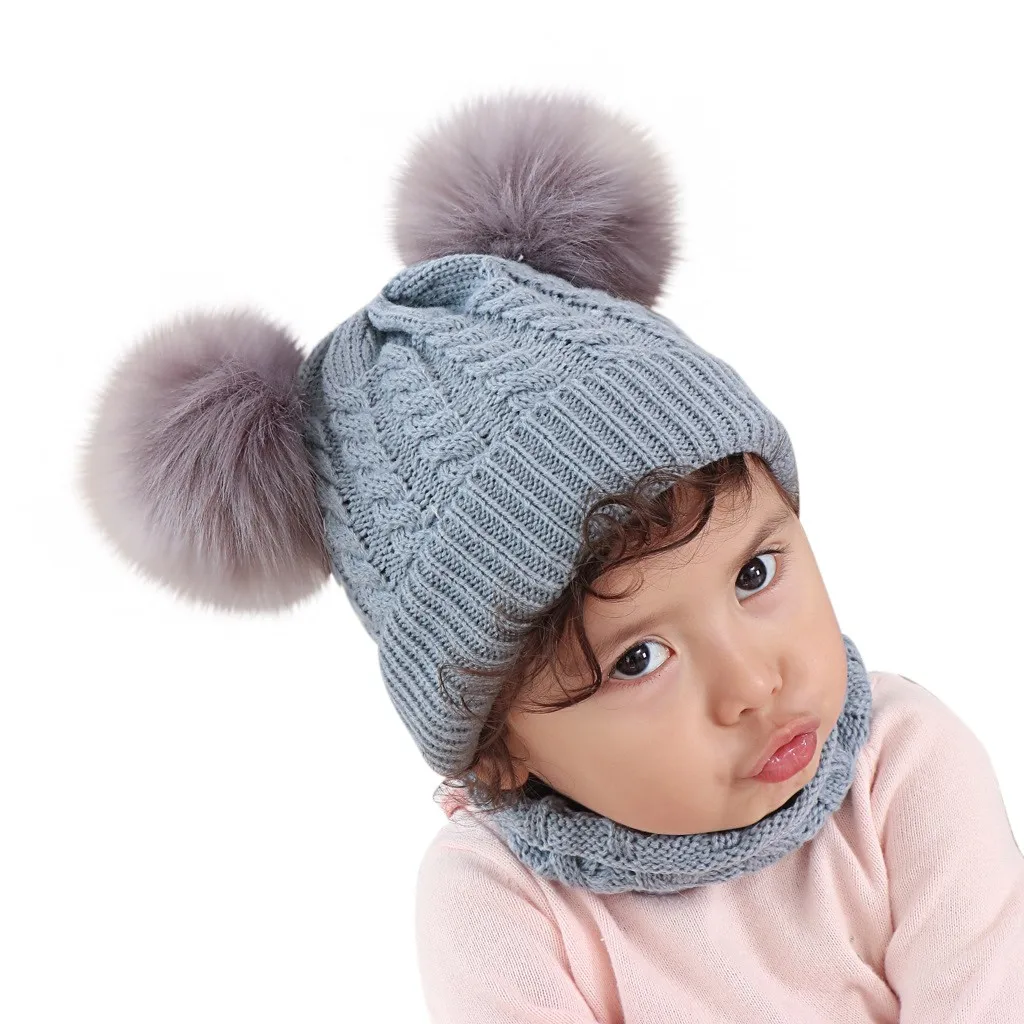Solid Baby hat with ear flaps Solid Winter Warm beanies Thread Knit Wrap Double Hair Ball Head Cap Scarf Hat Suit gorro mujer