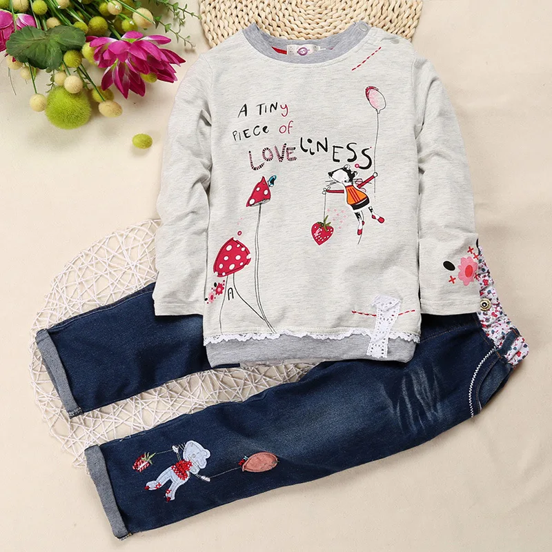 

Children's Clothing Girl Long Sleeve O-neck Clothes Set Print Tops+jeans Pants Two-pcs Outfits Kid Autumn Winter Suit