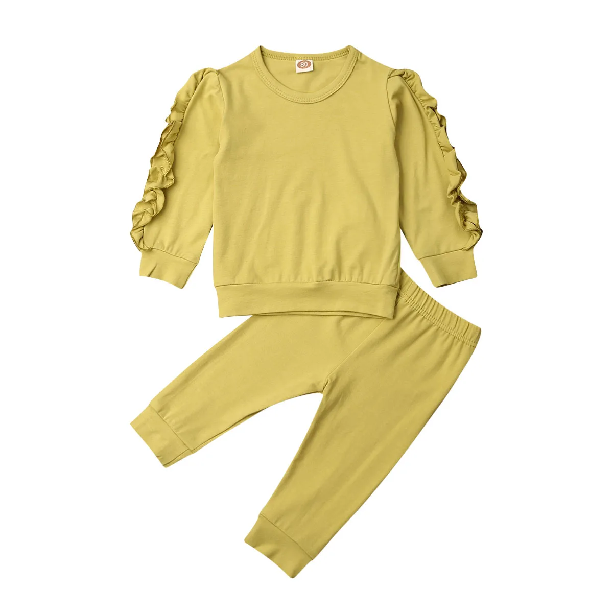 2 шт./компл. Одежда для маленьких девочек Футболка с оборкой, с длинными рукавами, топы+ леггинсы, комплект со штанами для новорожденных осень-зима теплая дутая куртка для младенцев Костюмы - Цвет: yellow