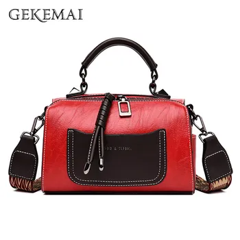 

Contrast Color Small Handbag for Women Designer Wide Shoulder Strap Boston Bag Genuine Leather Crossbody Bag Female Tote Bag Sac