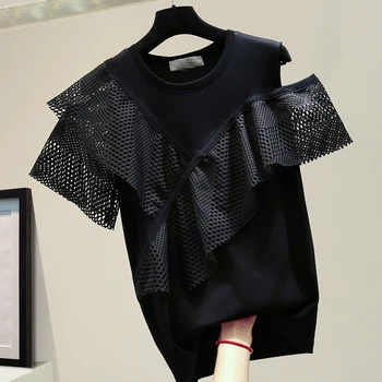 

Female Summer T Shirt for Women Crew-Neck T-shirt New Hollow Lotus Leaf Black T-shirt Ladies Tops Loose Tee Shirts Nancylim
