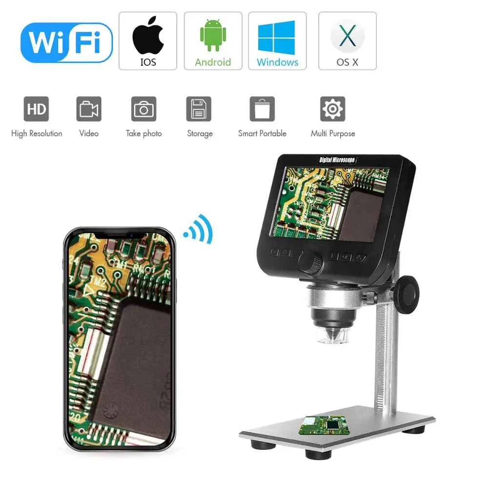 

1000X Digital Wireless Wifi Microscope 4.3 Inch 1080P Lcd Screen 8 Led Camera Magnifier for Ios Android with stand