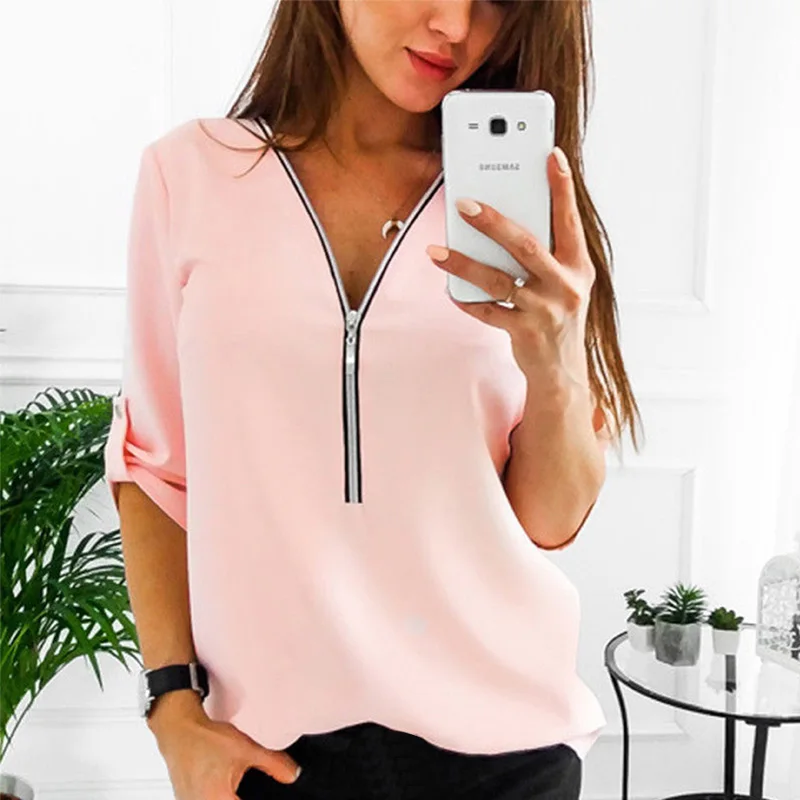 Женская шифоновая блузка на весну и лето, топ с воротником в, на молнии, с длинными рукавами, свободная рубашка, женская блуза размера плюс 5XL - Цвет: Pink
