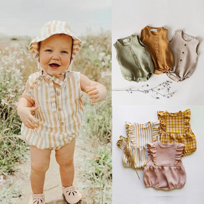 2020 Rainbow Linen Baby Boys Girls Summer Romper Brother Sister Machthing Toddler Sleeveless Rompers Baby Bubble Playsuit Onesie