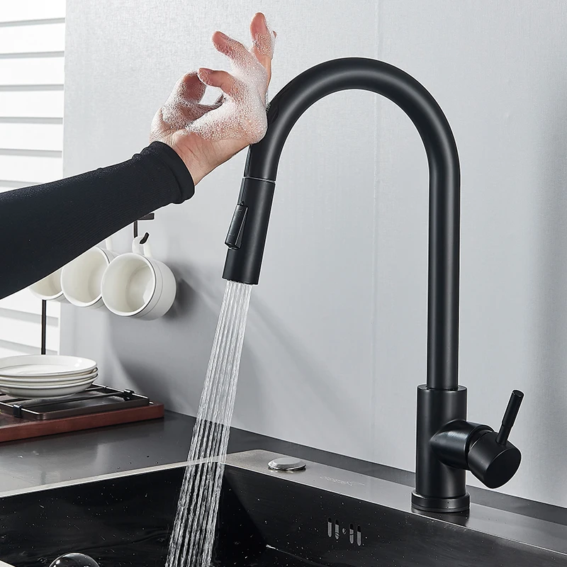 Matte Black Touch Sensor Kitchen Faucet Pull Out Smart Sensor Kitchen Faucet Double Water Mode Mixer Tap Rotate Hot Cold Crane pot filler faucet Kitchen Fixtures