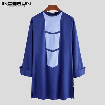 

Men Shirt Crew Neck Casual Ethnic Vintage 2020 Patchwork Long Sleeve Long Shirts Islamic Muslim Arabic Men Clothes S-5XL INCERUN