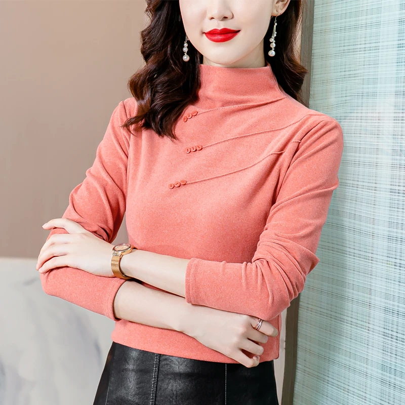 De mujeres la moda Blusa de Tops para mujeres de doble cara de terciopelo de manga larga mujeres Botón de cuello alto Camisetas Básicas Mujer blusas|Blusa| - AliExpress