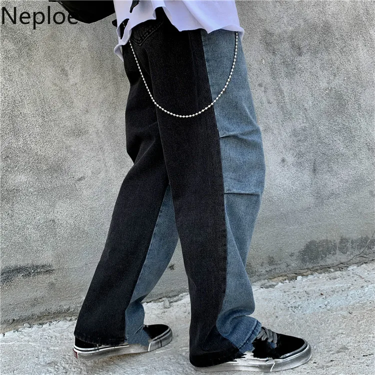 Neploe, винтажные джинсы, контрастные цвета, лоскутные штаны,, новинка, молния, кнопка, высокая талия, брюки для женщин, мужчин, повседневные, длинные штаны, 56626