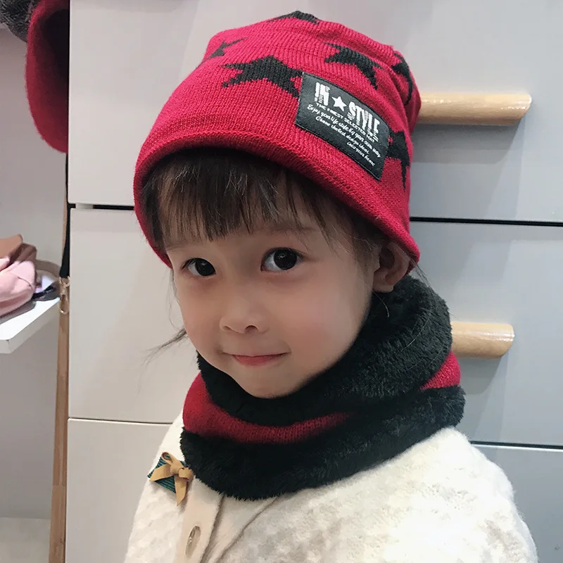 Новая зимняя вязаная шапочка, комплект шарфов с пентаграммой для родителей и детей, теплая мягкая шапка, шейный шарф для взрослых, детские вязаные шапки, шапка, шарф, комплект - Цвет: Kid Red