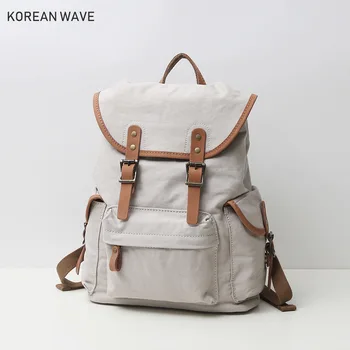 

Original manual with thick canvas backpack tie-in leather leisure classic pure color for men and women travel bag