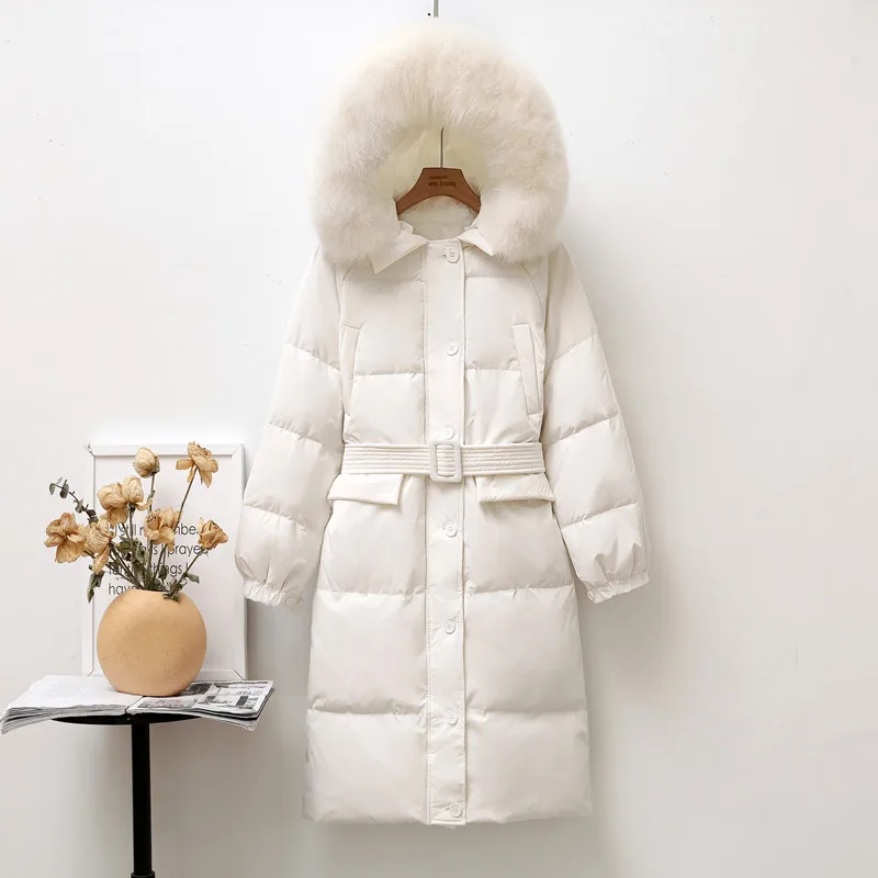 

Women's Winter Warm Long Coat 2021 Fashion Korean Loose Thickened White Duck Down Jacket Big Fox Fur Collar Warm Coats