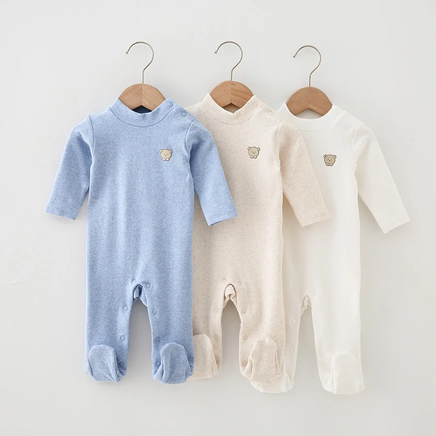 Baby High Neck Romper Footed Pajamas Autumn Winter Clothing Turtleneck Cotton Bodysuits Boy Girl Bottoming Unisex Overall White