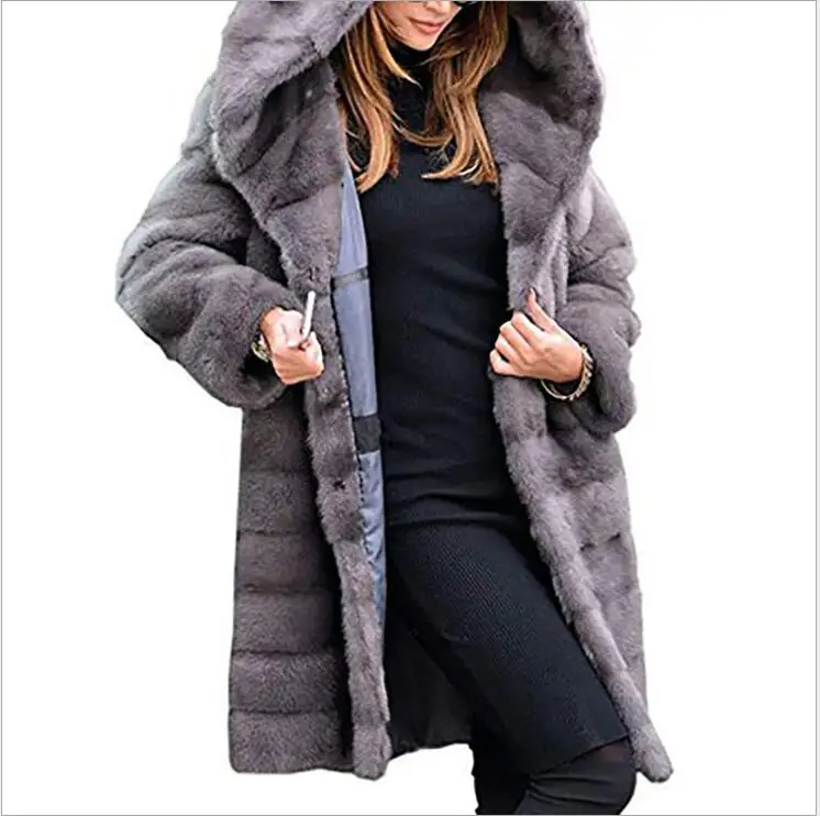 dark gray color Осенне-зимнее меховое пальто с капюшоном, пальто, куртки, теплое шерстяное пальто с длинными рукавами и отложным воротником, Свободное пальто, верхняя одежда большого размера - Цвет: dark gray color