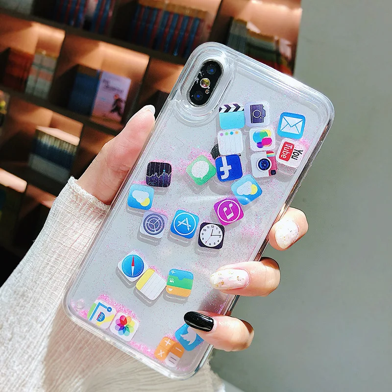 Pink Противоударный чехол с динамическим зыбучим песком для iPhone X, XR, XS, 8, 7, 11 Pro, MAX, значок приложения, блестящий силиконовый Жесткий Чехол для iPhone 6S Plus, чехол - Цвет: Pink