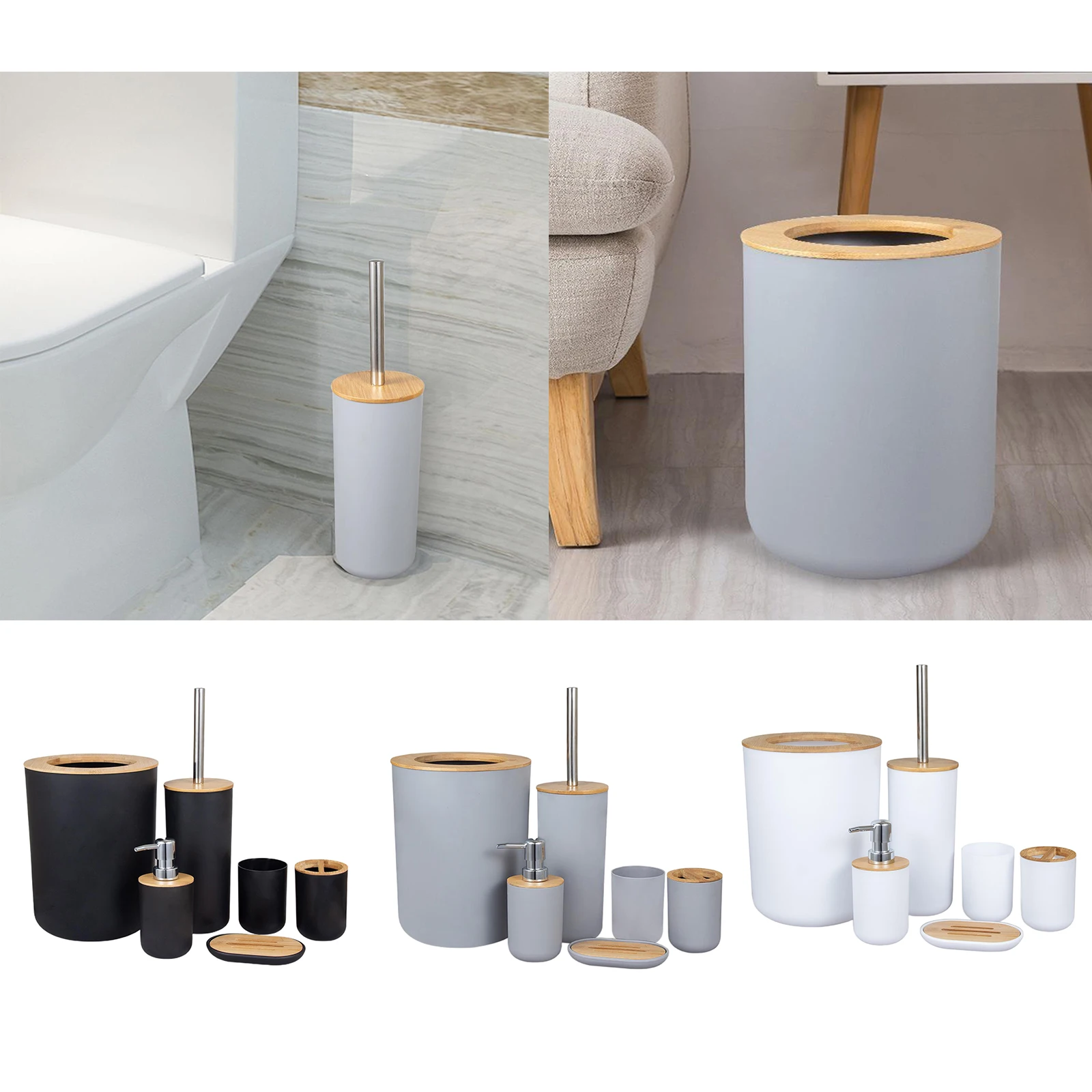 6-Piece Bathroom Set Accessories Lotion Dispenser Soap Tray Toilet Brush Holder Trash Bin