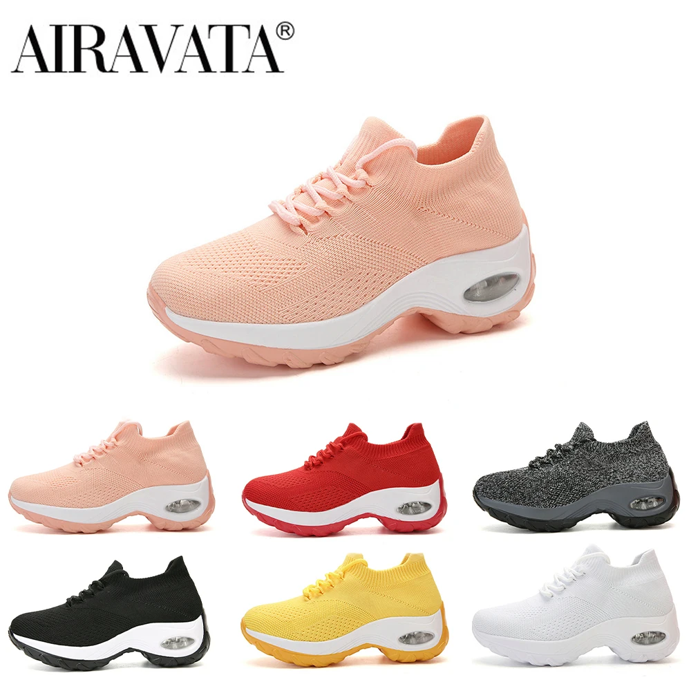 Airavata Women's Lace Up Sock Walking Shoes Rocking Vulcanized Female Breathable Flying Sneakers Heighten |