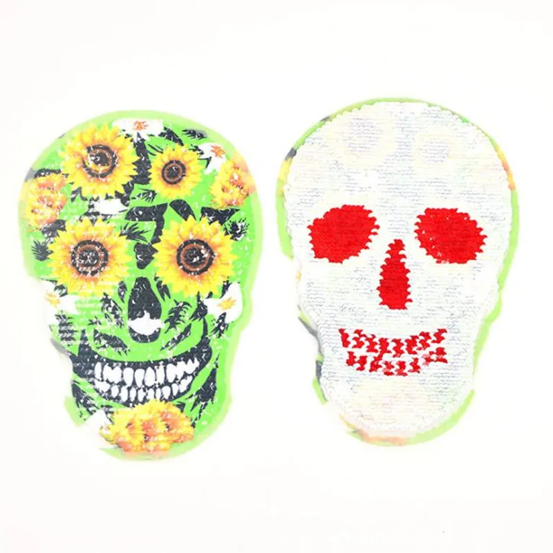 

Clothing women Diy Skullhead Sunflower Sequin patches Reversible change color Up and Down Flip Biker Patch for clothes Stickers
