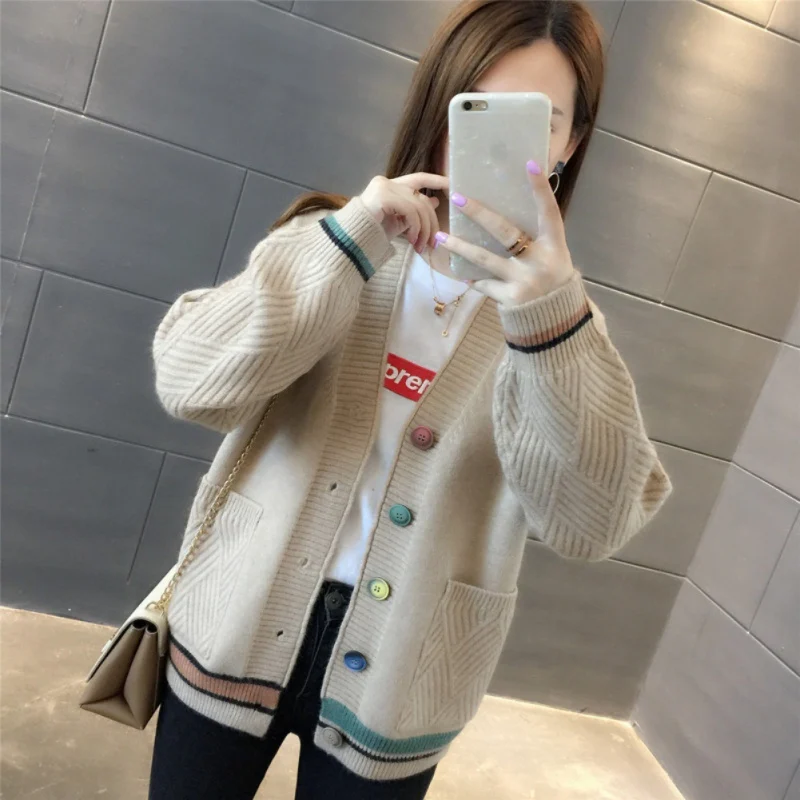 Korean Style Spring Autumn Sweet Loose Lazy Wind Button Knit Cardigan Pocket Jumper Sweater Long Lantern Sleeve Coat Women