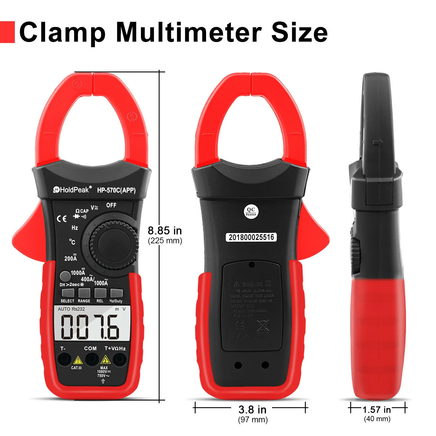 Holdpeak HP-570C-APP Digital Clamp Meter DC Current 4000 Counts AC/DC Volt 1000A Handheld Tester