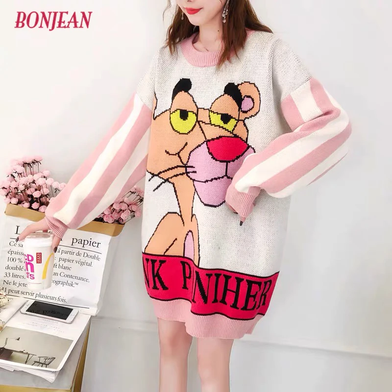 Sweater Dress Women Plus Size Pink Knitted Cartoon Oversized 3XL Pullovers Panther Leopard Harajuku Long Sleeve Jumper | Женская одежда