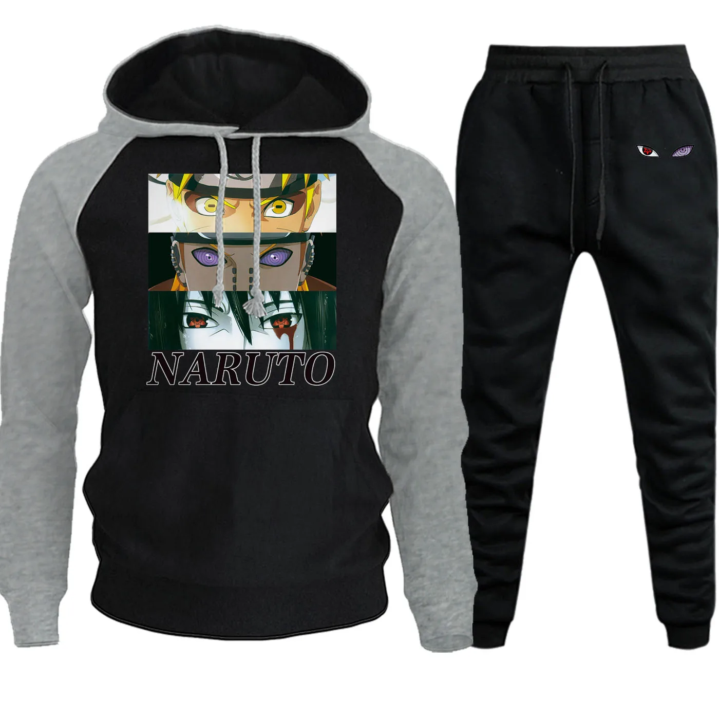 Autumn Winter Naruto Cartoon Printed Hoodies Men Ragan Streetwear Anime Harajuku Fleece Suit Male Hooded+Pants 2 Piece Set