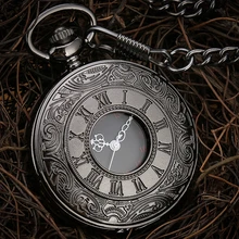 Black Roman Numerals Quartz Pocket Watch Men Women Black Hollow Case Steampunk Vintage Pendant Necklace Best Gifts for Men Women