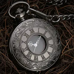 Черные римские цифры кварцевые карманные часы для мужчин и женщин черный полый корпус стимпанк Винтаж кулон ожерелье Лучшие подарки для