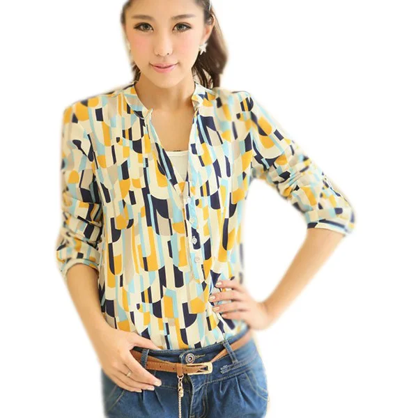 

Autumn Crochet Blouse Career Button Down Women's Shirts Tops Turn-down Collar Geometric Print Long Sleeve Blouse DR4