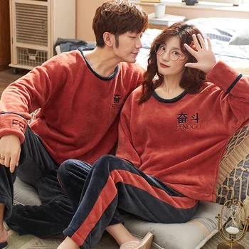 

Winter Thick Warm Flannel Couple Pyjamas Cartoon Long Sleeve Round Neck Casual Soft Plus Size M-3XL Lovers Coral Fleece Pajamas