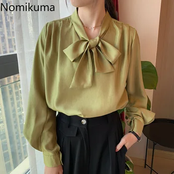 

Nomikuma Korean Bow Tie V-neck Women Blouses Spring New Long Sleeve Femme Shirts Office OL Style Blusas Mujer De Moda 2020 3Z287